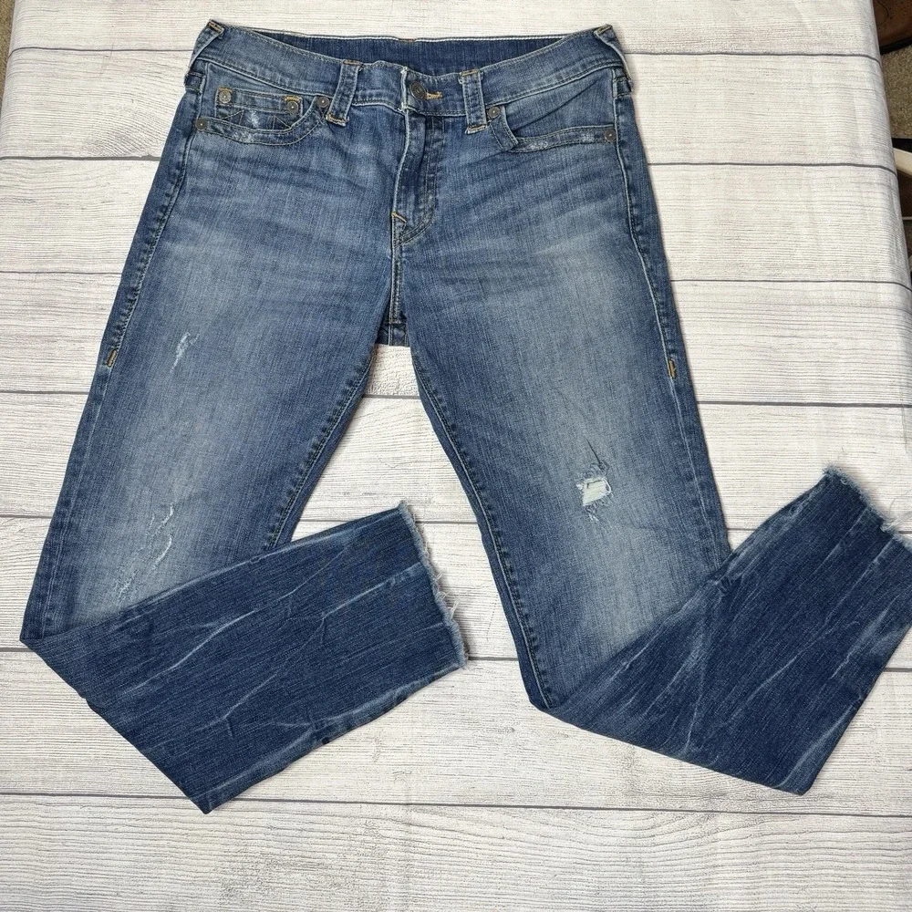True Religion Frayed‎ Finn Slim Tapered Zippered Ankles Distressed Blue Jeans 31